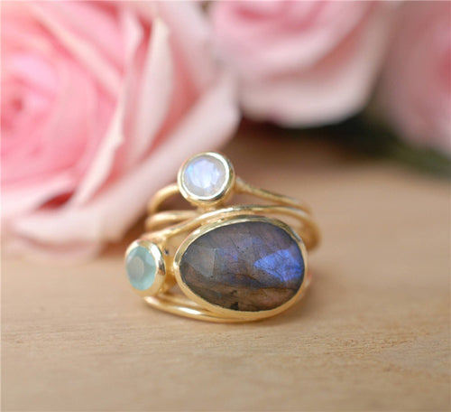 24k Yellow Gold Plated And Inlaid Colorful Moonstone Shell Ring