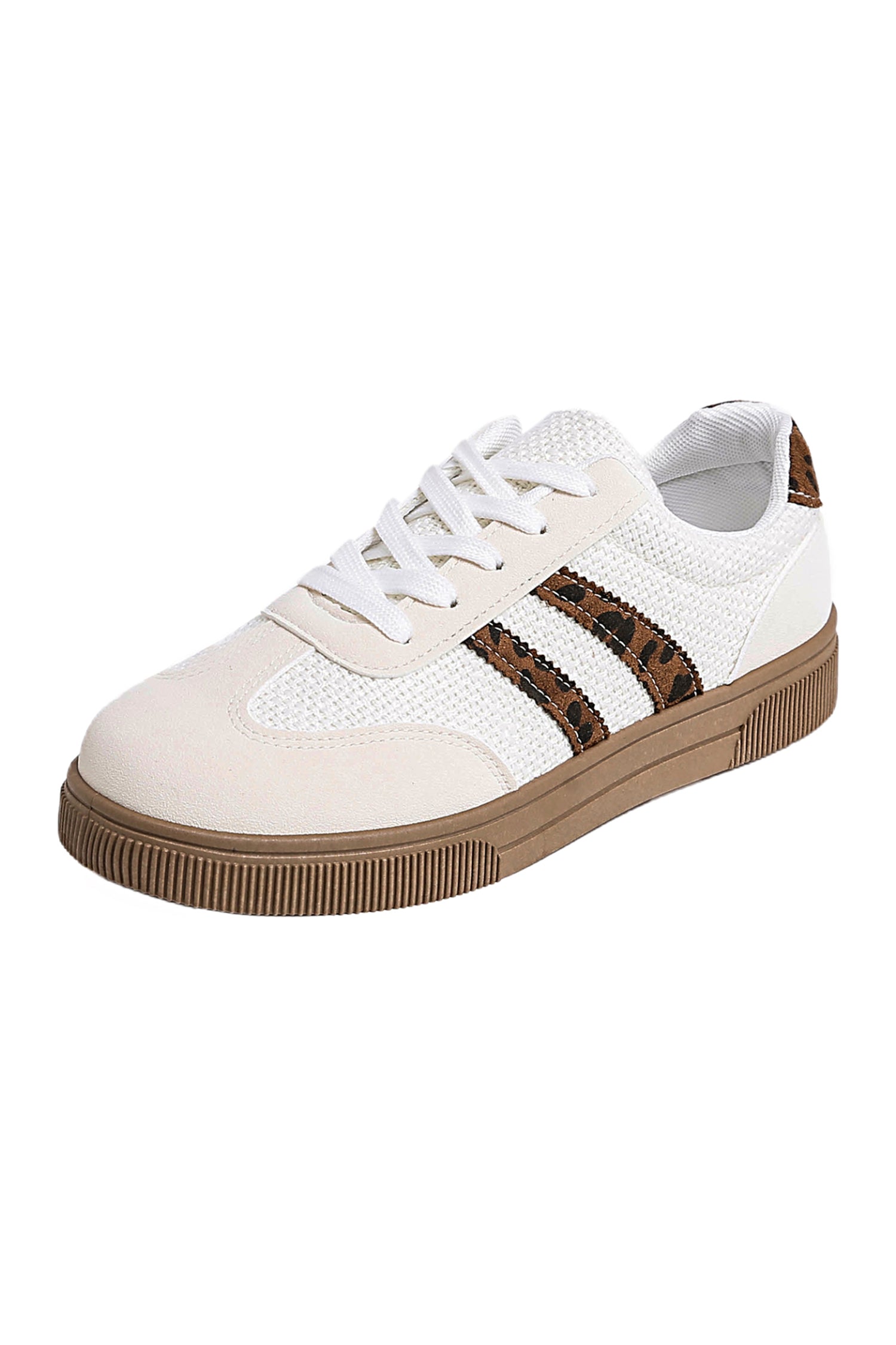 White Textured Woven PU Leather Leopard Patchwork Flat Sneakers
